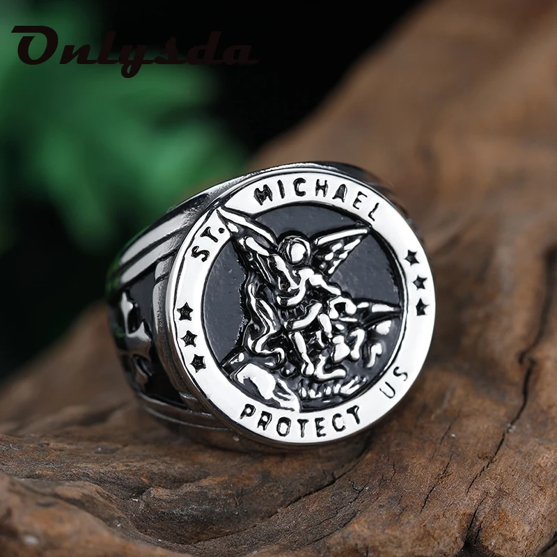316L Stainless Steel St-Michael Men Rings Good Talisman Religious Aesthetic Biker Ring for Men Boy Fashion Jewelry Anel