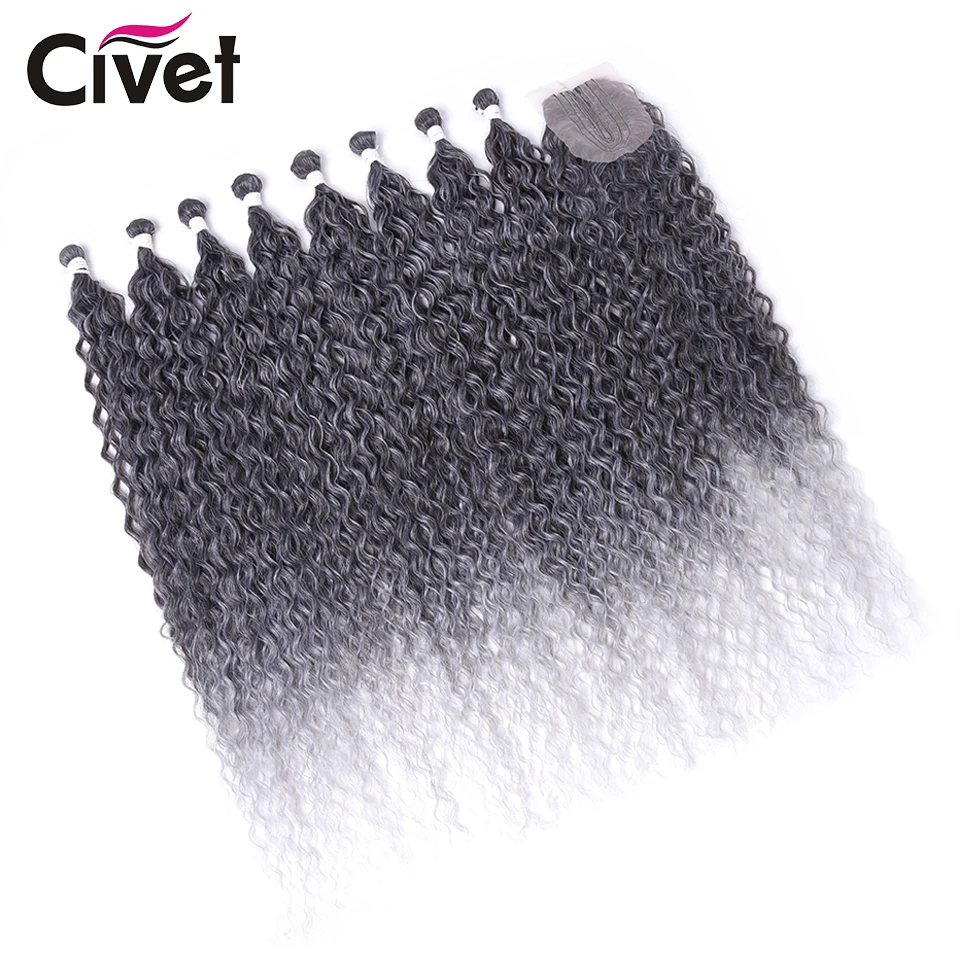 

30 Inch Long Afro Kinky Curly Hair Bundles With Closure Synthetic Hair Extensions 9Pcs/Lot Ombre Blonde Hair Weaves For Women