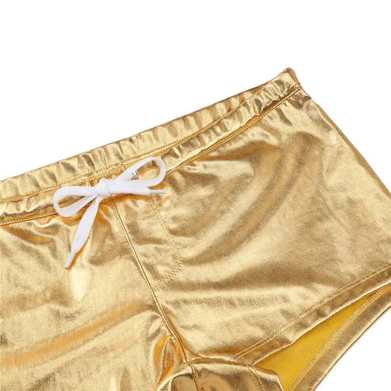 Mens Boxer Shorts Shiny Patent Leather Elastic Waistband Drawstring Shorts for Gym Workout Running Sportswear