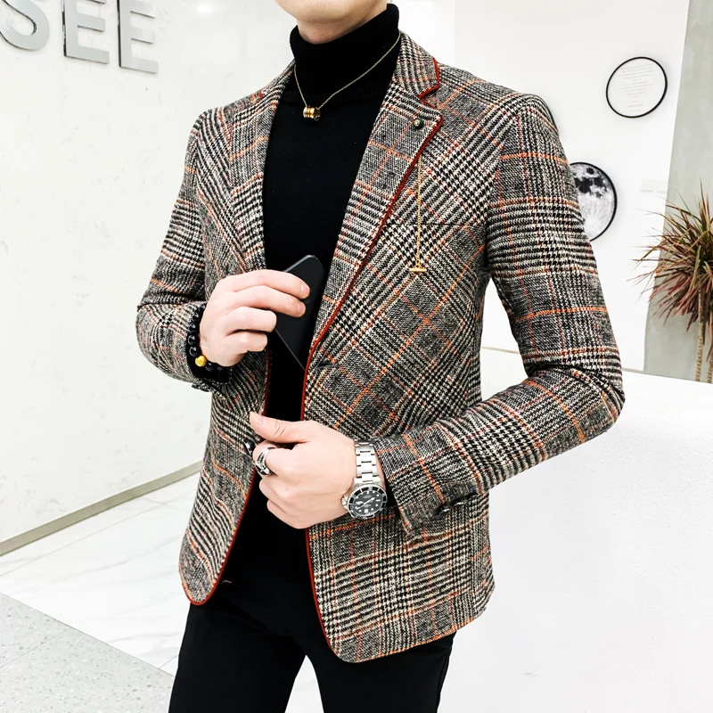 Brand Clothing Men Plaid Spring Casual Business Suit/Male High Quality Cotton Slim Fit Blazers Jackets/Man Tuxedo coat S-4XL