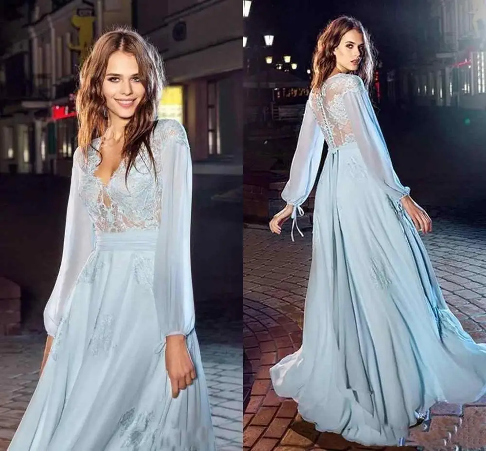 2023 eleganti abiti da sera blu cielo maniche lunghe in Chiffon di pizzo con scollo a v con bottoni indietro abiti da ballo formali Vestidos De Longo