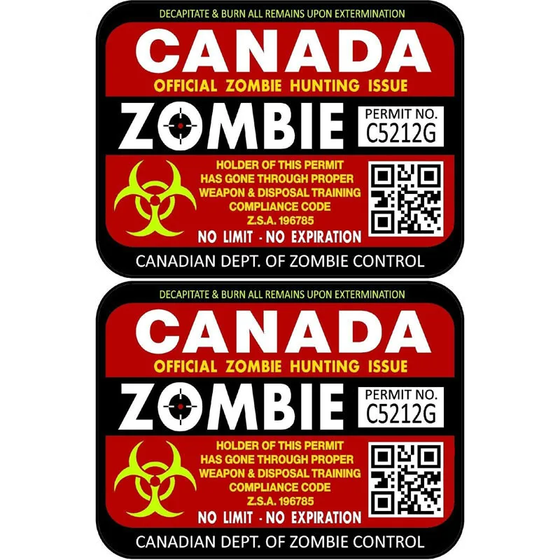 

Hot Sell Personality 2x Canada Zombie Hunting License Permits Car Stickers Accessories Motorcycle Sunscreen PVC 12cm *9cm