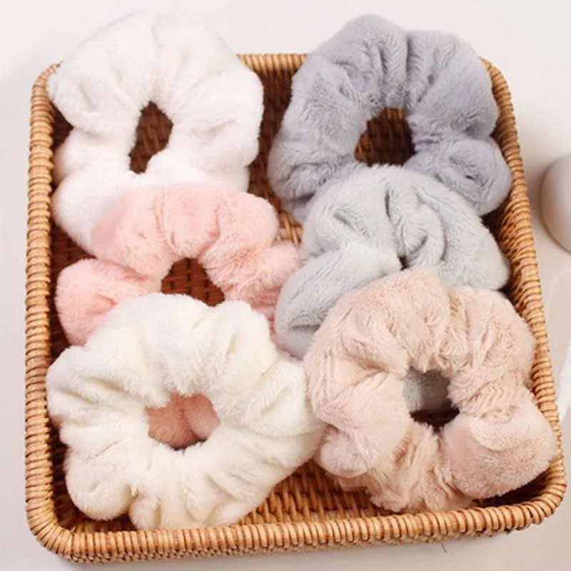 2021Autumn And Winter Soft Plush Scrunchie For women Elastic Hair Bands Girls Black Hair Tie Rope Furry White Scrunchy Headwear