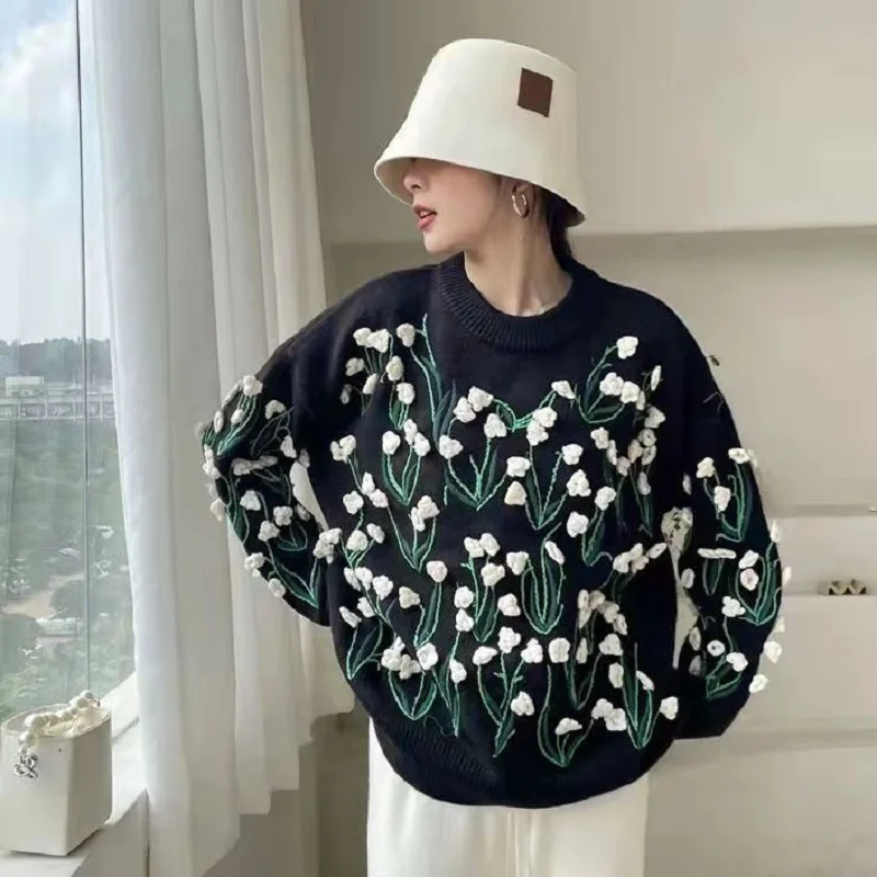 Woman\'s Sweater Lady Flower Textural Floral Handmade Embroidery Stitchwork Knit O-Neck Vintage Soft Ins Elegant Unique Fashion