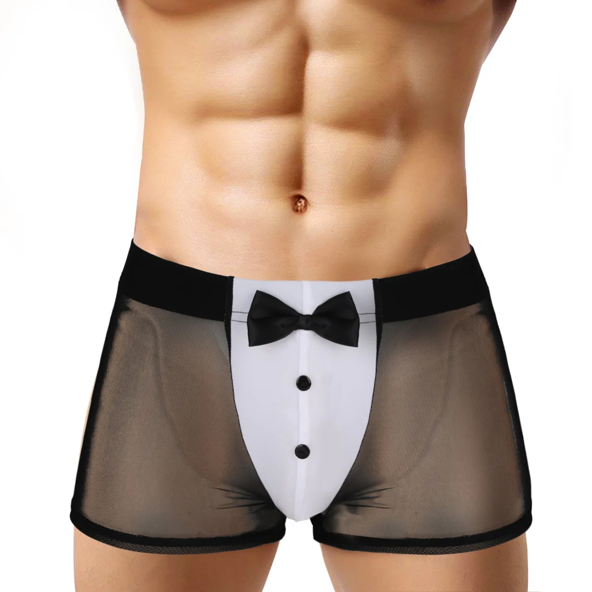 Mens Erotic Lingerie Sex Underwear Waiter Tuxedo See Through Sexy Panties Mesh Boxer Briefs Sexy Underwear with Back Rabbit Ears