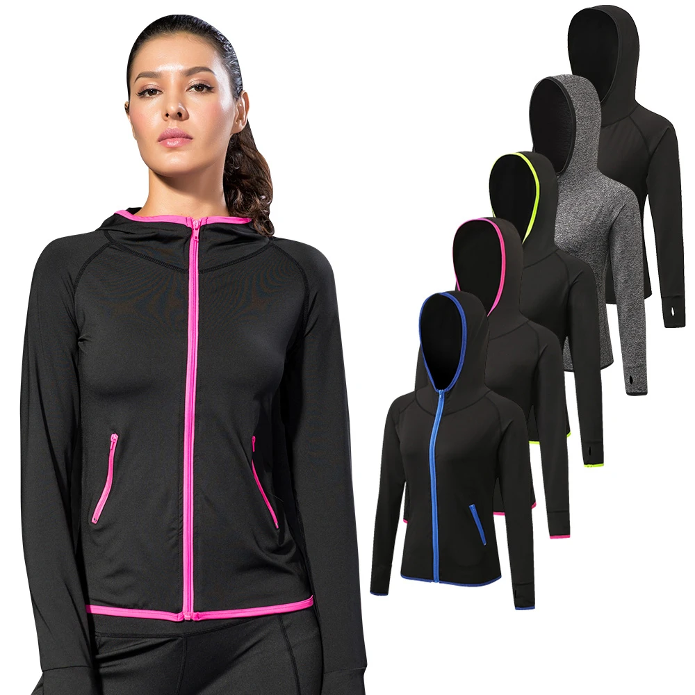 2023 Women Quick Dry Hooded Sports Coat Long-sleeve Breathable Zipper Fitness Top Yoga Jacket Windbreaker Training Sportswear