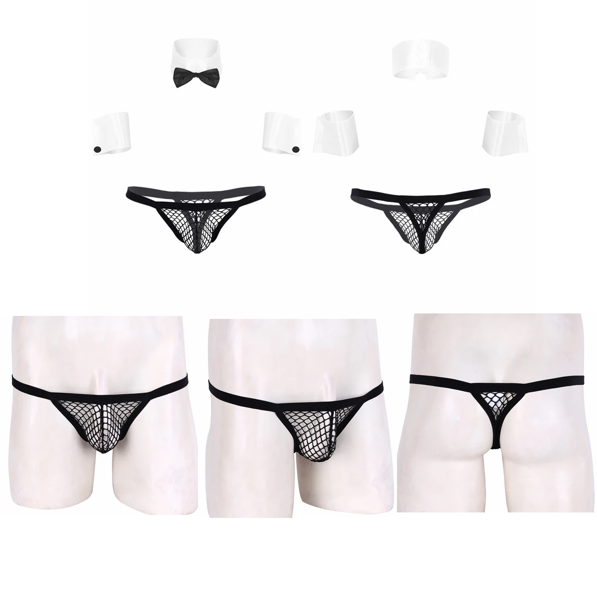 Mens Porno Maid Roleplay Lingerie Set Transparent Fishnet Bikini Thong+ Collar Cuffs Sexy Servant Uniform Erotic Cosplay Costume