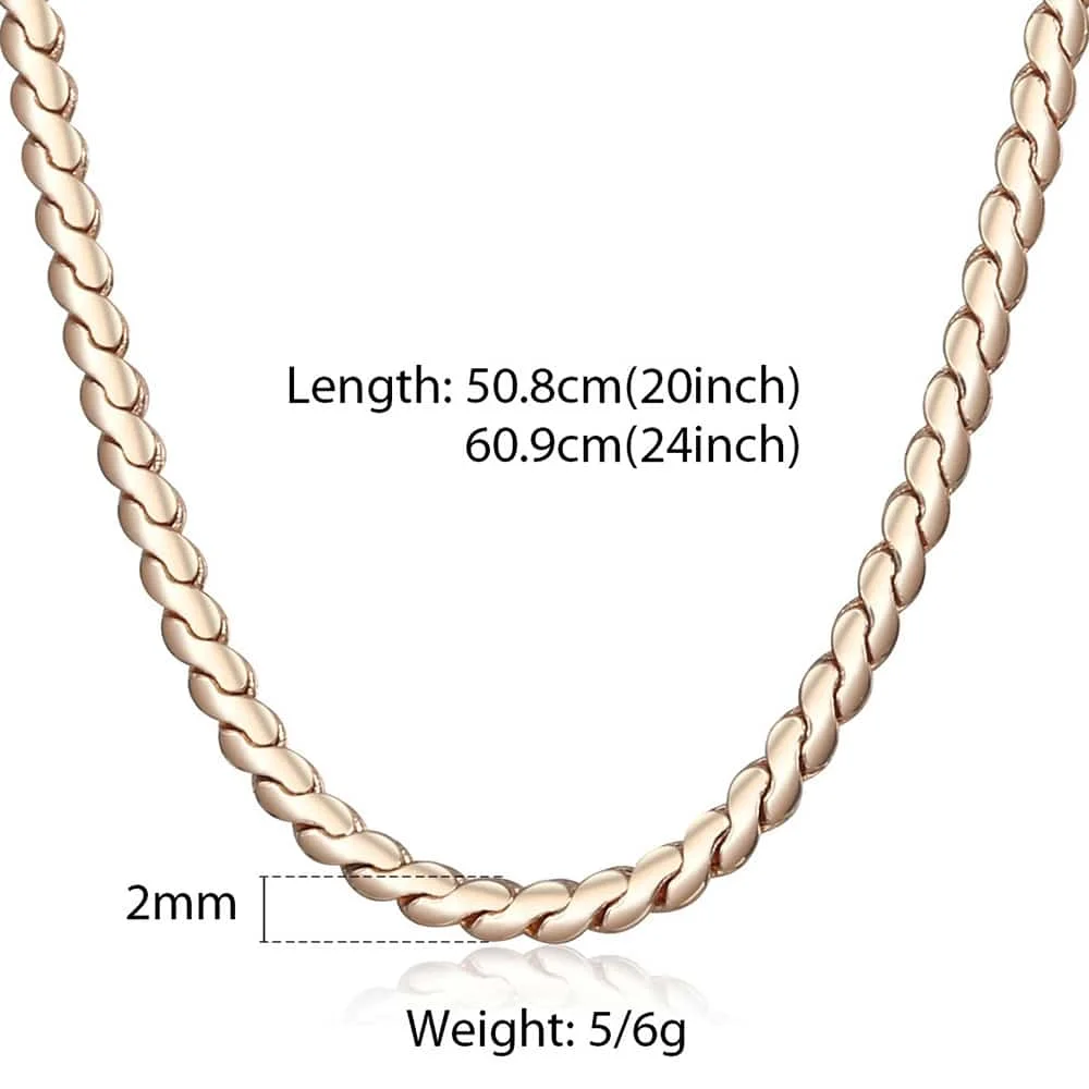 2mm Thin Women Girl 585 Rose Gold Color Serpentine Link Herringbone Chain Necklace Elegant Jewelry 20-24inch CN16