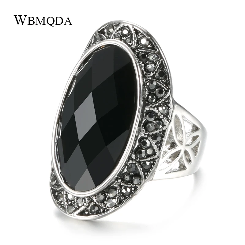 Wbmqda Vintage Big Oval Black Stone Rings For Women Antique Silver Color Boho Ring Jewelry Anel 2020 New Drop Shipping