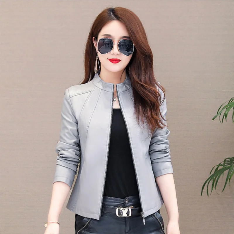 2022 New autumn winter leather women's short paragraph collar Korean slim leather jacket small overcoat