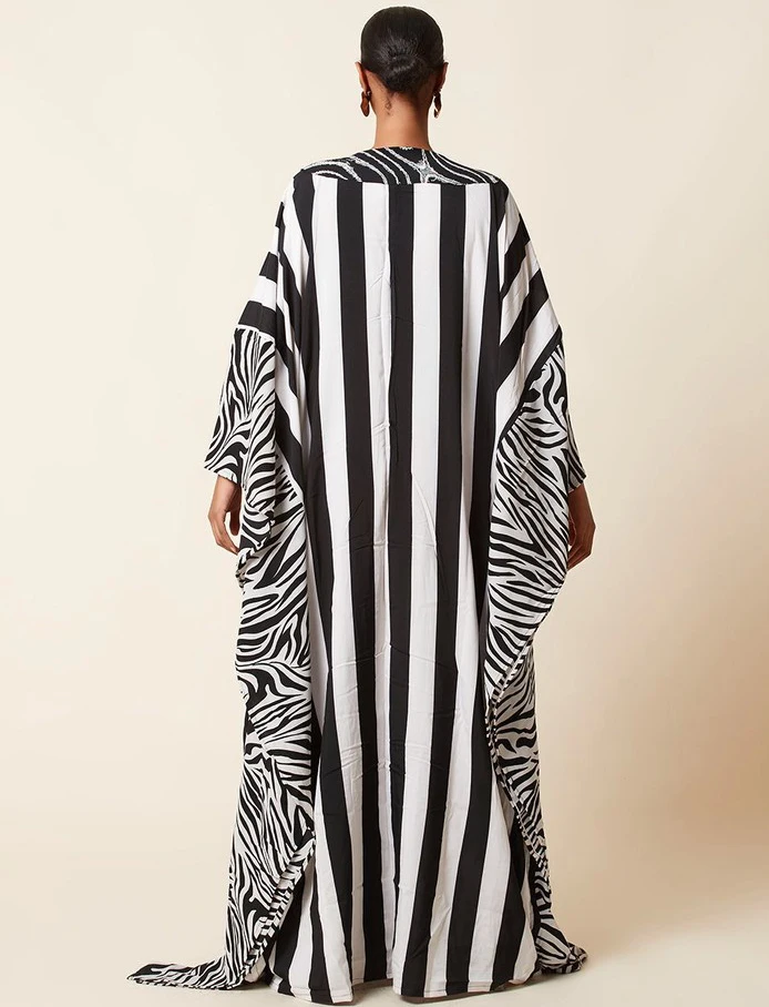 Bsubseach Women Plus Size Kaftan Dresses Long Bathing Suit Cover Up V Neck Batwing Sleeve Loungewear Zebra Stripes Print