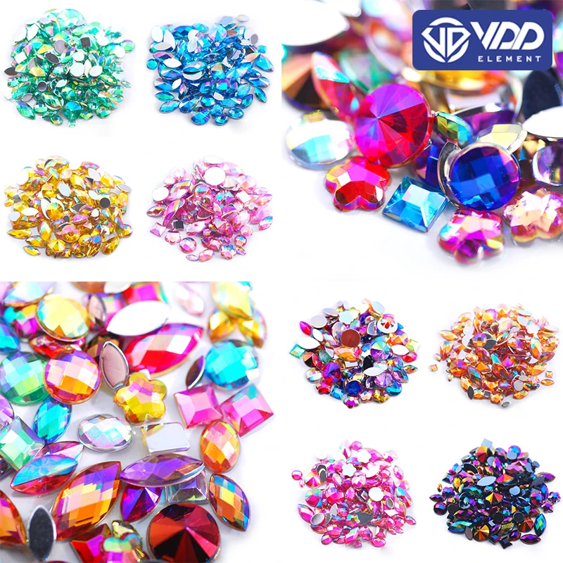 VDD 600Pcs Acrylic Rhinestones Mixed Shape Sizes Non Hotfix Crystal AB 3D Nail Art Decorations Flatback Stones DIY Wholesale