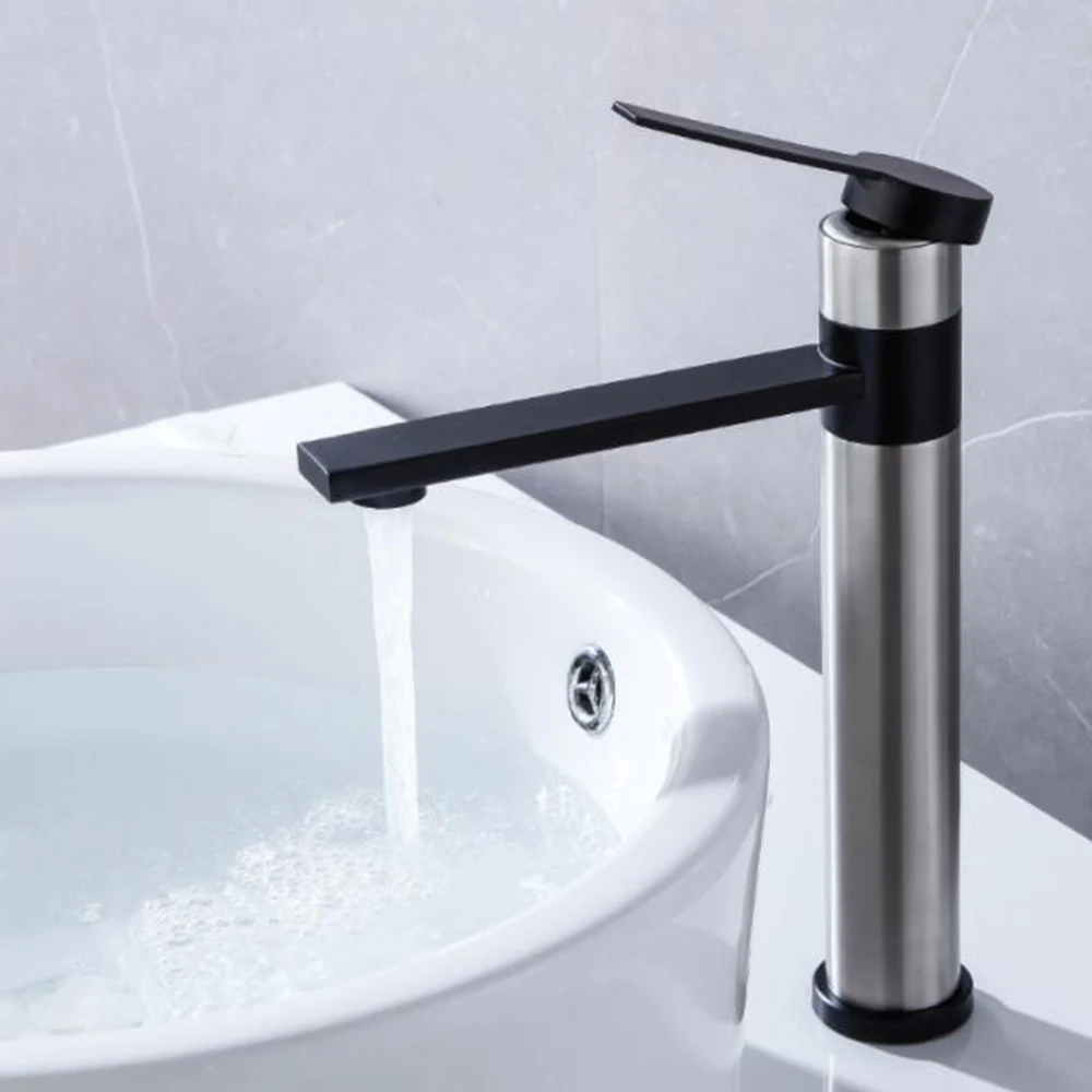 

Bathroom sink faucet taps body 304 stainless steel deck mounted brushed mixer water cold & hot suitable for hotel