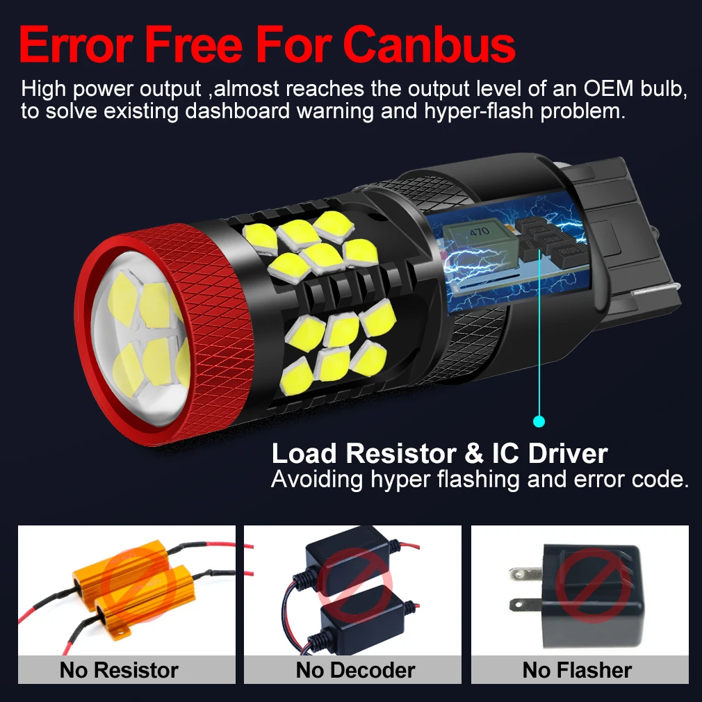 2Pcs T20 LED CANBUS Bulb No Hyper Flash 7443 7440 W21/5W LED W21W P21/7W Car Lights Amber Yellow Red Turn Signal Reverse Lamp