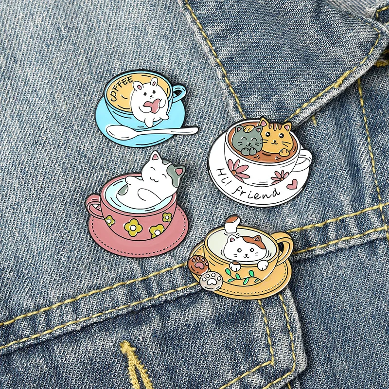 Cat coffee cup brooch, cute cartoon cup cat pin, alloy paint enamel collar cat badge wholesale, gift for friends