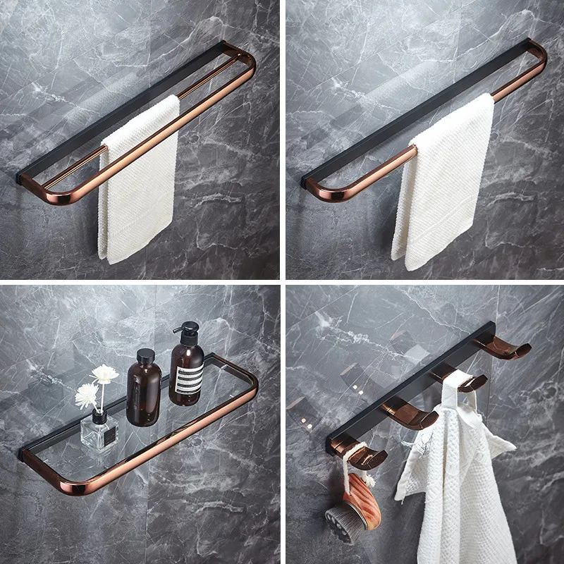 Rose Gold & Black Copper Bath Hardware Accessory Brass Towel Rack Corner Shelf Tissue Holder Hook Toilet Brush Nail Punched New