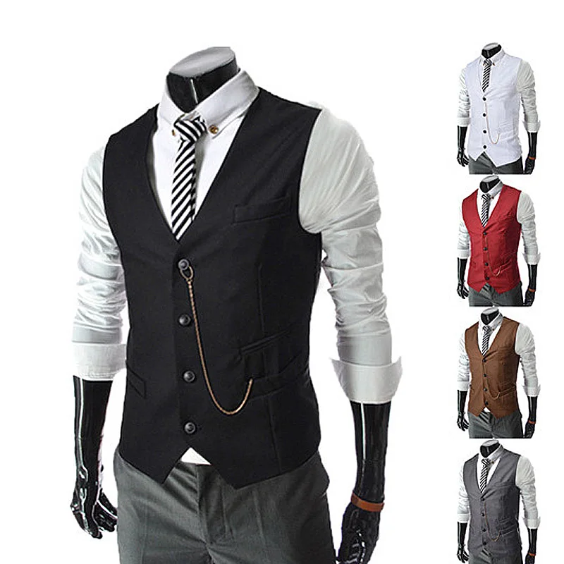 Colete vintage de peito único masculino, colete preto retrô, monocromático, decoração em cadeia, slim fit, vitoriano, casual