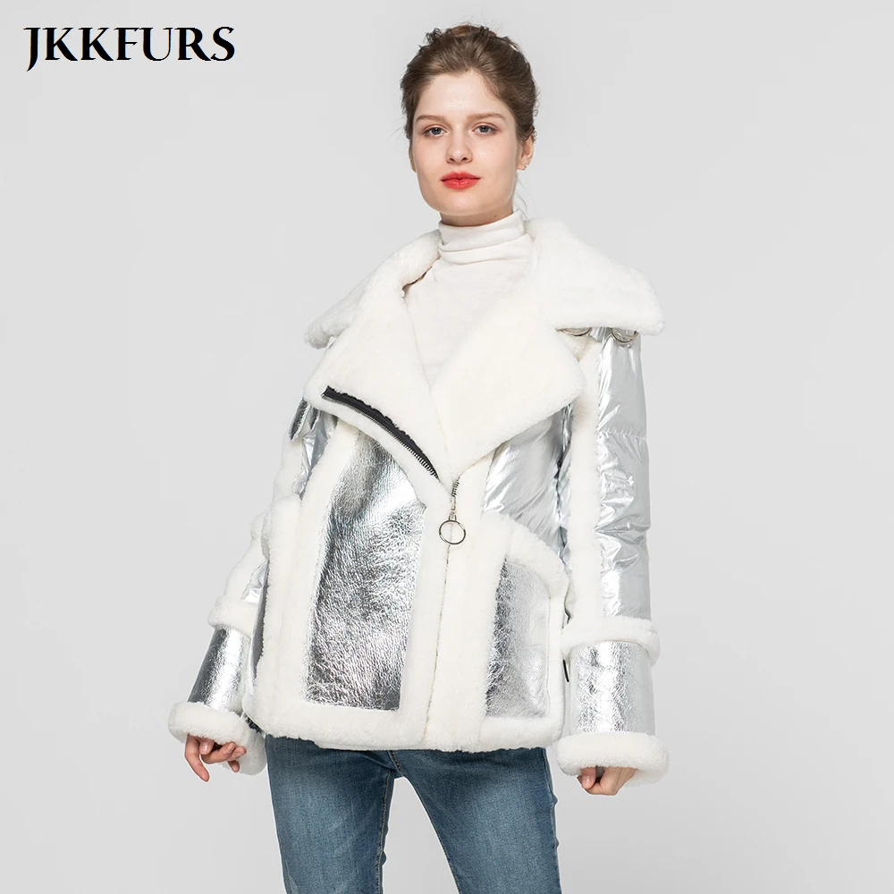 

2021 New Winter Women's Fashion Style Down Coat Real Lamb Fur Shearling Coat Thick Warm White Duck Down S7520