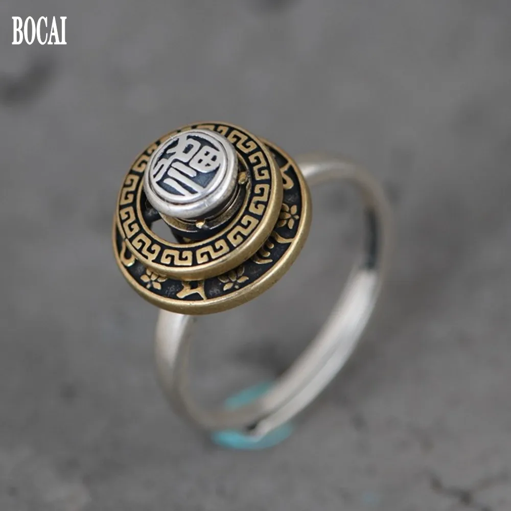 BOCAI New Real S925 pure silver woman ring retro art fashion rotatable six-character mantra ring female blessing ring