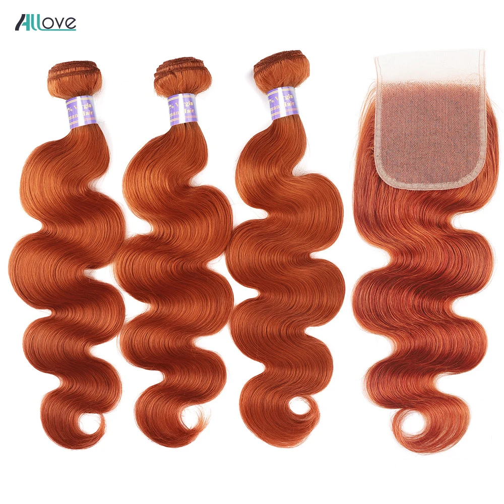 Allove Orange Ginger Bundles With Closure Brazilian Body Wave Bundles With 4x4 Lace Closure Colored Remy Human Hair Extensions