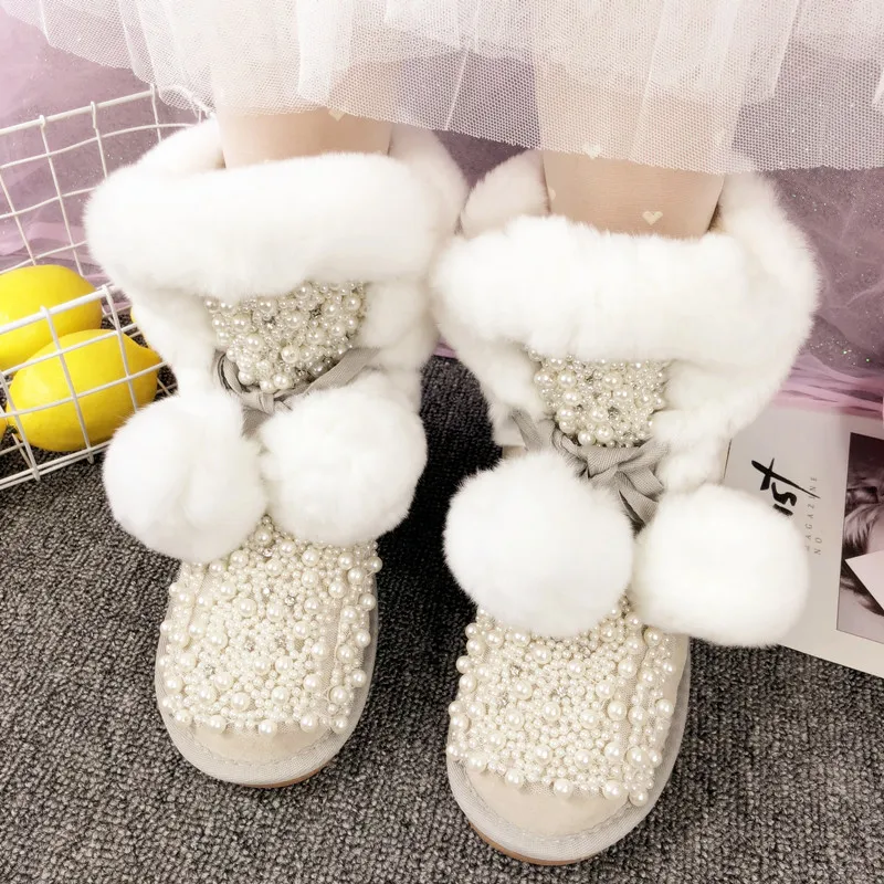 Cute fairy hair ball leather water drill pearl three-dimensional flower rabbit hair snow boots cotton shoes women's boots