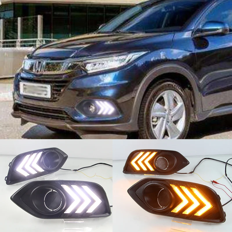 

For Honda HRV HR-V 2018 2019 Vezel Daytime running lights LED DRL Fog lamp driving lights with Yellow Turn Signal Function Relay