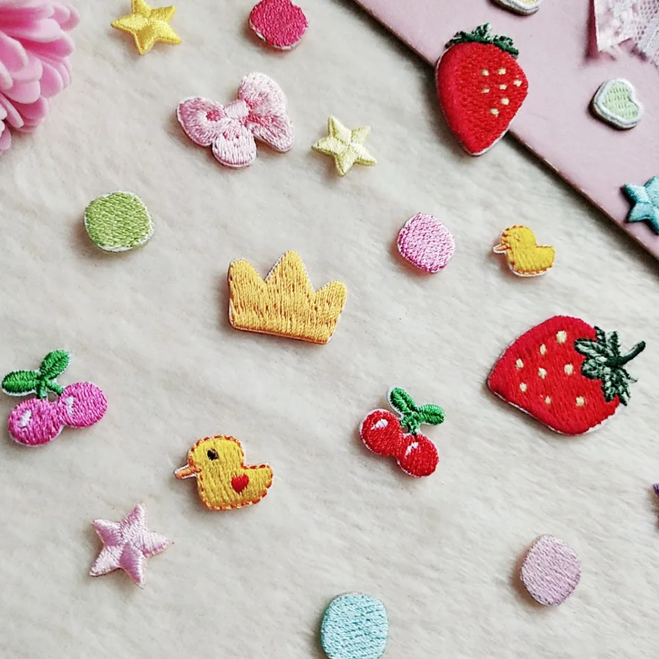 Self-adhesive Mini Cute Star Heart Round Cherry Embroidery Patches for Clothing Iron-on Chothes Shoe Cartoon Applique Stripe Diy