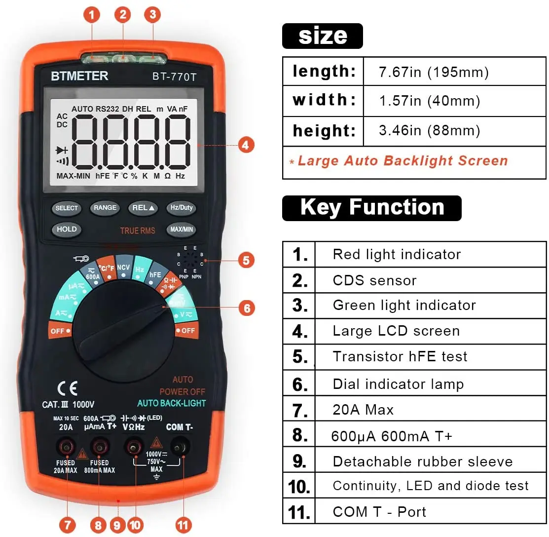 Imagem -04 - Verdadeiro Rms Multímetro Digital Tester 6000 Contagem ac e dc 20a Ohmímetro Voltímetro Multímetro para Medir a Tensão e Corrente Bt770t