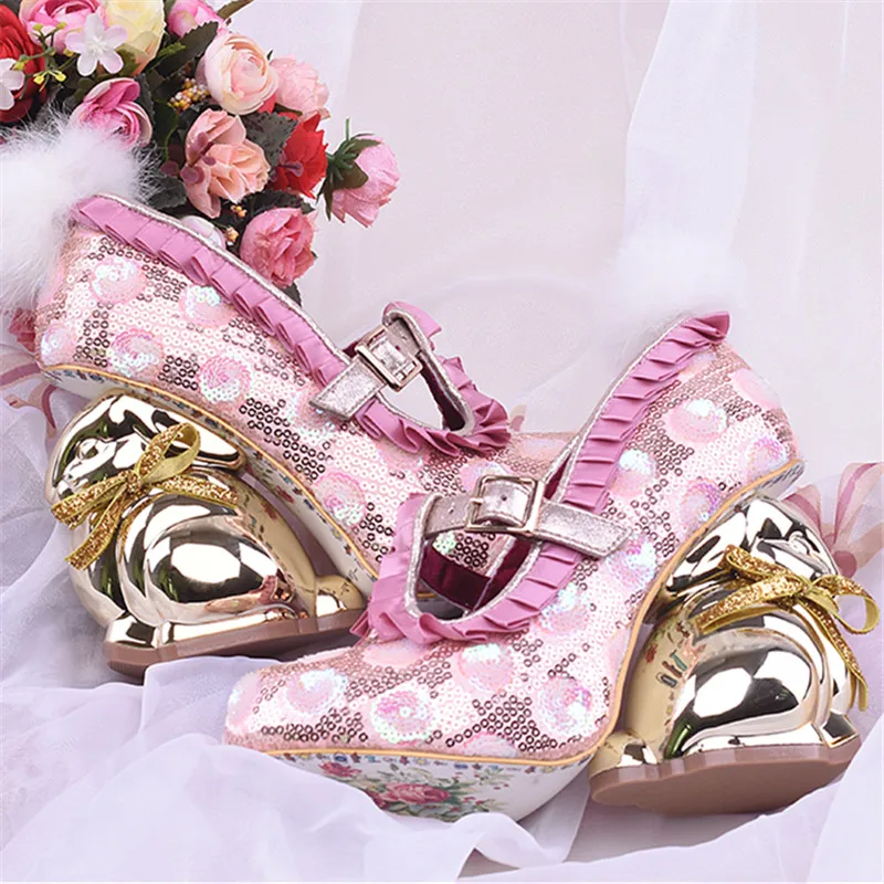 

Women Pumps Paillette High Heels Mary Janes Cute Rabbit Heel Design High Heels Platform Shoes Ladies 2024 Valentine Shoes Wedges