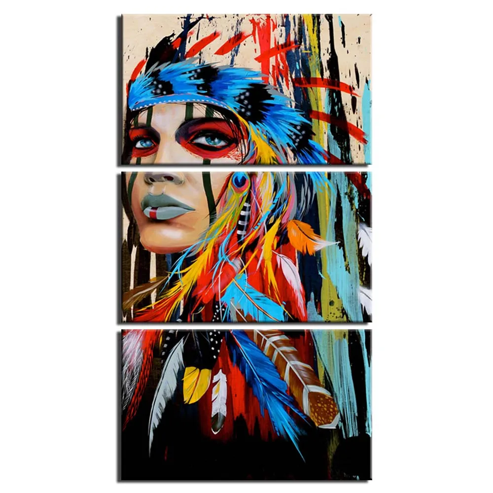 3 Piece Tribe Feather Warrior Canvas Print Painting Wall Art Bedroom Study Studio Living Room Home Decoration