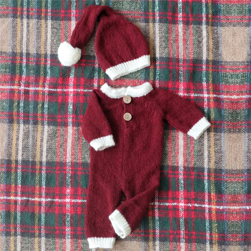 New Arrival Baby Christmas Clothing Santa Outfits Mohair Knitted Infant Photography Costumes Hat + Romper 2pcs Set Photo Props