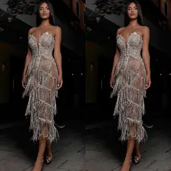 See Through Sweetheart Cocktail Dresses with Tassels Beading Tea Length Luxurious Prom Gowns Customise Special Occasion Dress