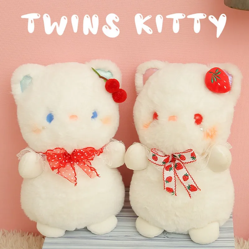 

23cm Fresh Twins White Cats Plush Toy Soft Fluffy Cartoon Strawberry/Cherry Cat Stuffed Doll Kawaii Birthday Gift For Girls