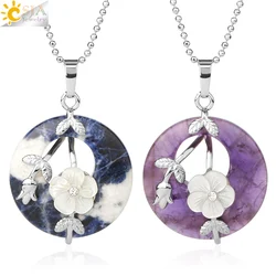 CSJA Natural Stone Round Pendants Necklaces Healing Crystal Silver-color Carved Flower Leaf Turquoises Women Trendy Jewelry G385