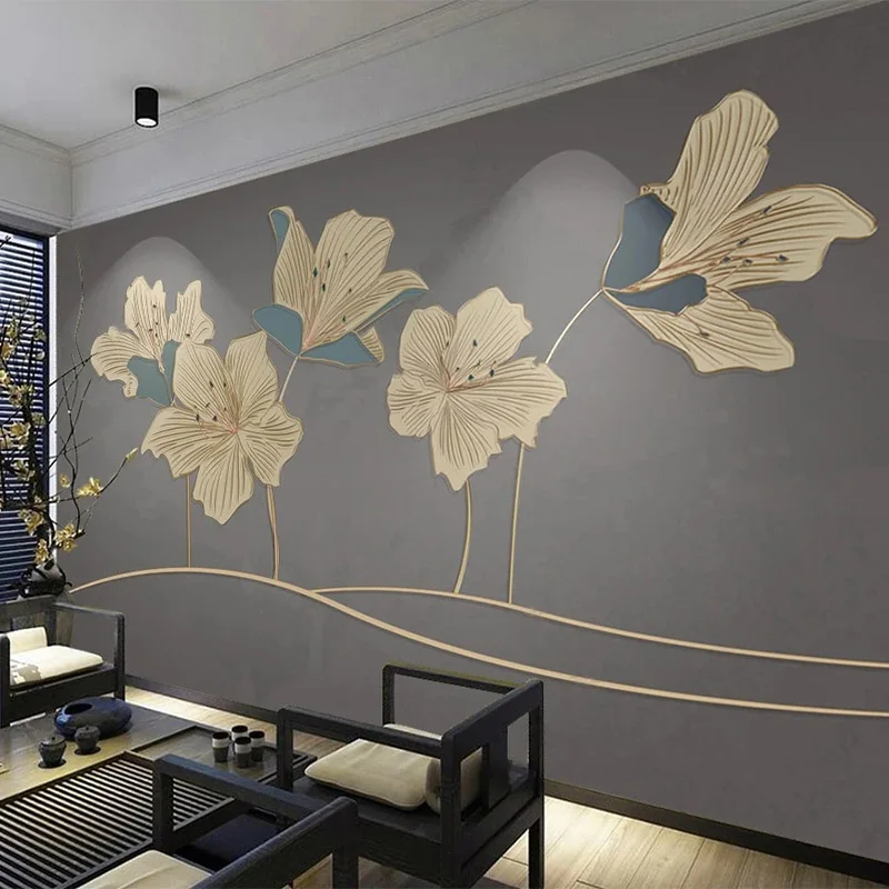 

Custom Any Size Mural Wallpaper Hand Painted European Style 3D Flowers Light Luxury Golden Embossed Line Background Wall Papers