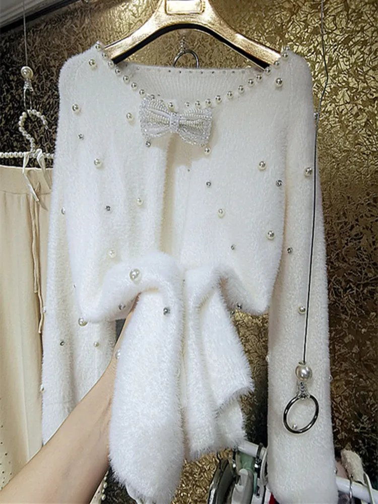 Super shinny rhinestones pearl sweater cardigan sweater women loose outwear