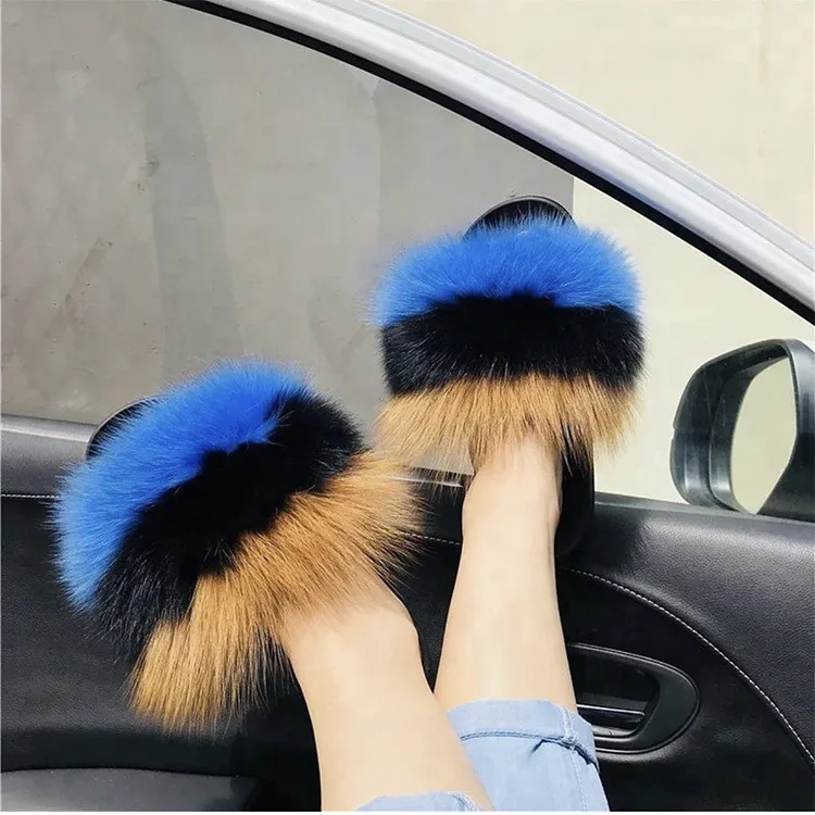 ZDFURS 2020 Hot Sale Women Fox Fur Slides Multicolor Summer Fashion Slippers Outdoor Female Furry Indoor Flip Flops Beach Sandal