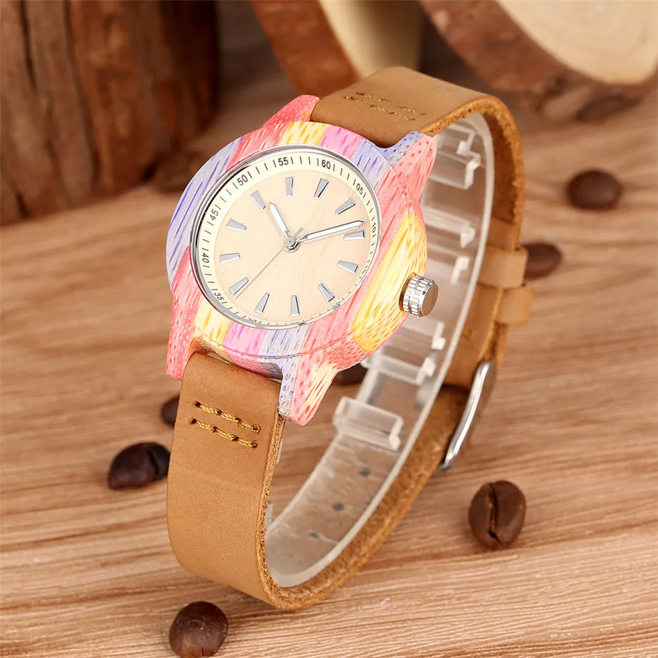 Colorful Bamboo Watch Lady Quartz Black/Brown Genuine Leather Wristwatch Minimalist Small Dial Women\'s Wood Watches reloj mujer