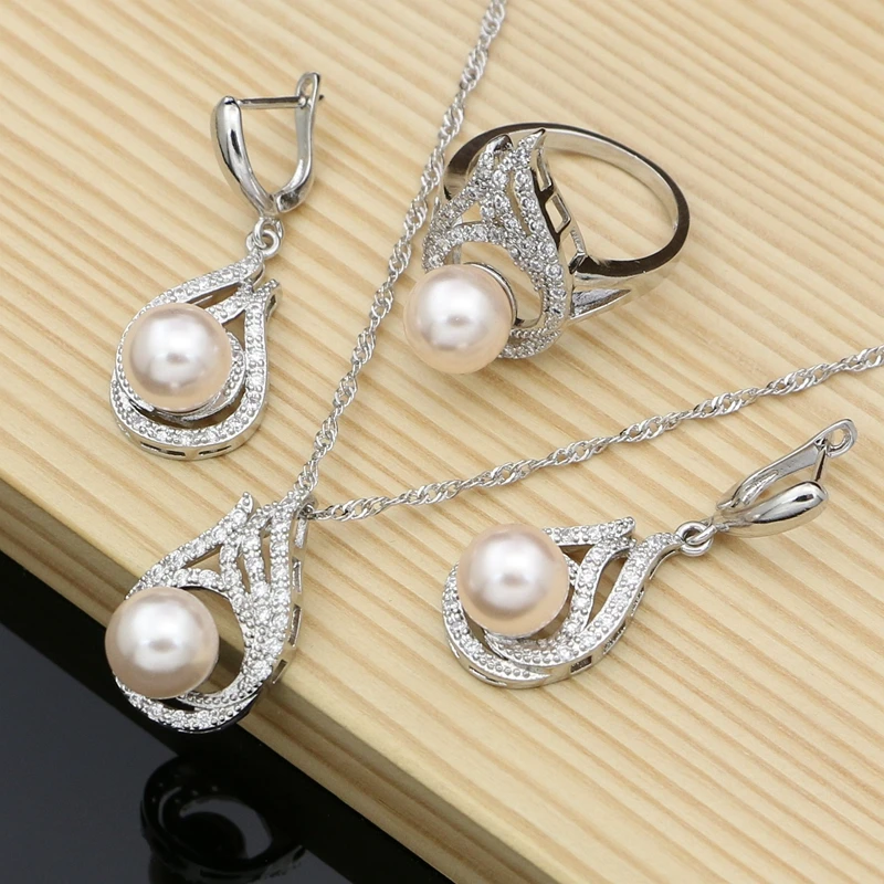 

Pink Pearls Jewelry Sets 925 Silver Bridal Jewelry For Women Wedding Earrings/Pendant/Rings/Necklace Set