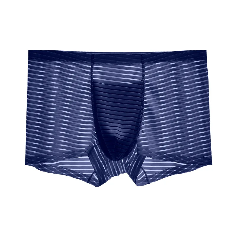 Summer Ice Silk Breathable Man Stripe Underwear Seamless Middle Waist Mesh Fashion Youth Male Boxers Transparent Underpants