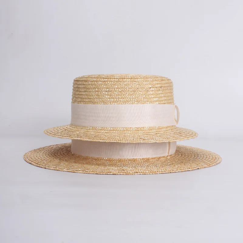 Unisex Boater Straw Hat made of Wheat Straw Flat Top Hat