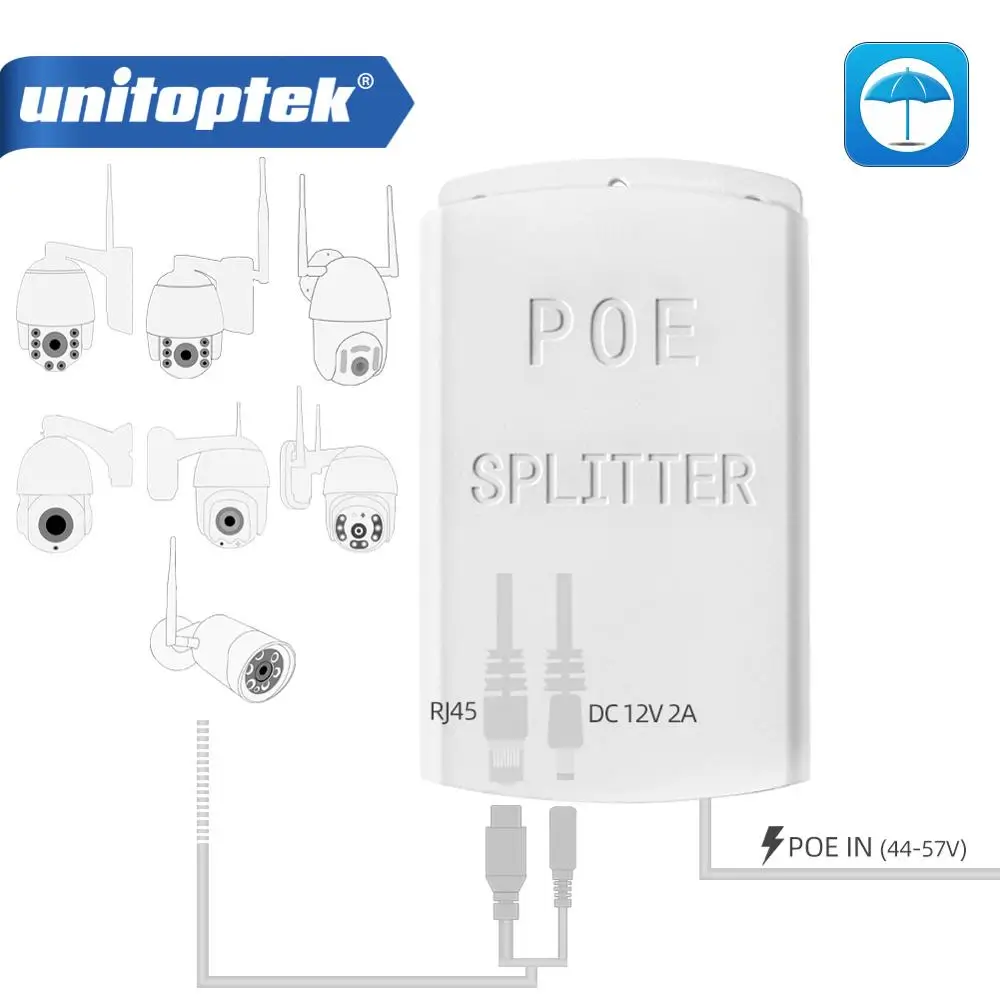 

Outdoor 10/100M PoE Splitter IEEE 802.3af/at Standard & 12V 2A Output & DC44-57V 0.65A 30W Input Power Over Ethernet Receiver