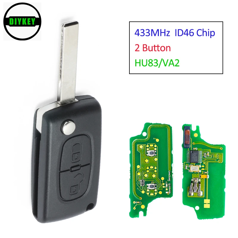 

DIYKEY Flip Remote Key 2 Button 433MHz ID46 Chip with Groove / without Groove for Peugeot 0536 Model HU83 / VA2