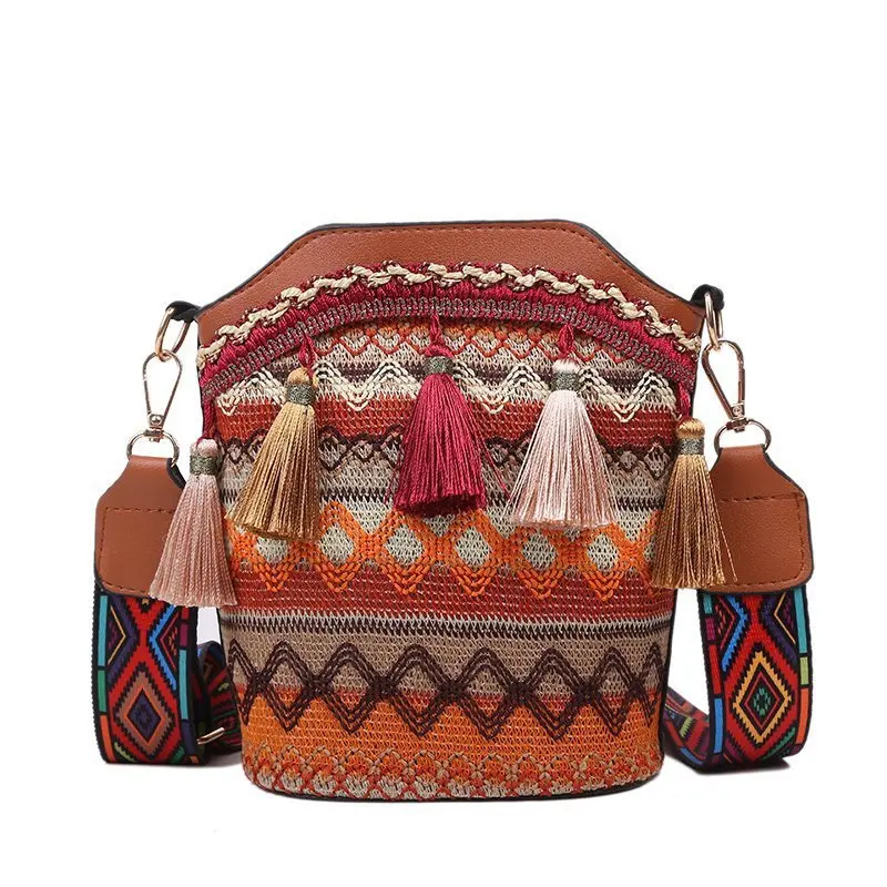 bag female bolsos female messenger bag sac femme ethnic style one-shoulder messenger bag tassel woven bags bucket torebka damska