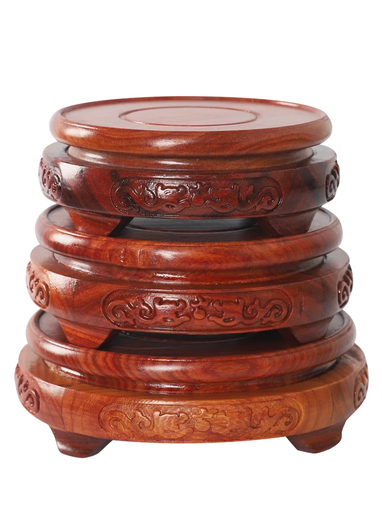 6.5-11.5cm Diameter Red Sandalwood Double Dragon Vase Carved Dragon Stone Buddha Incense Flowerpot Wood Carving Teapot Base