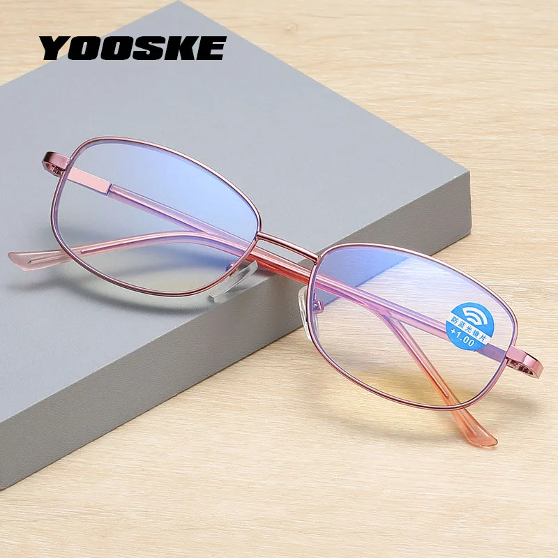 YOOSKE Anti Blue Light Blocking Reading Glasses Women Alloy Eyeglasses Presbyopia Prescription Lens +1.0 1.5 2.0 2.5 3.0 3.5 4.0