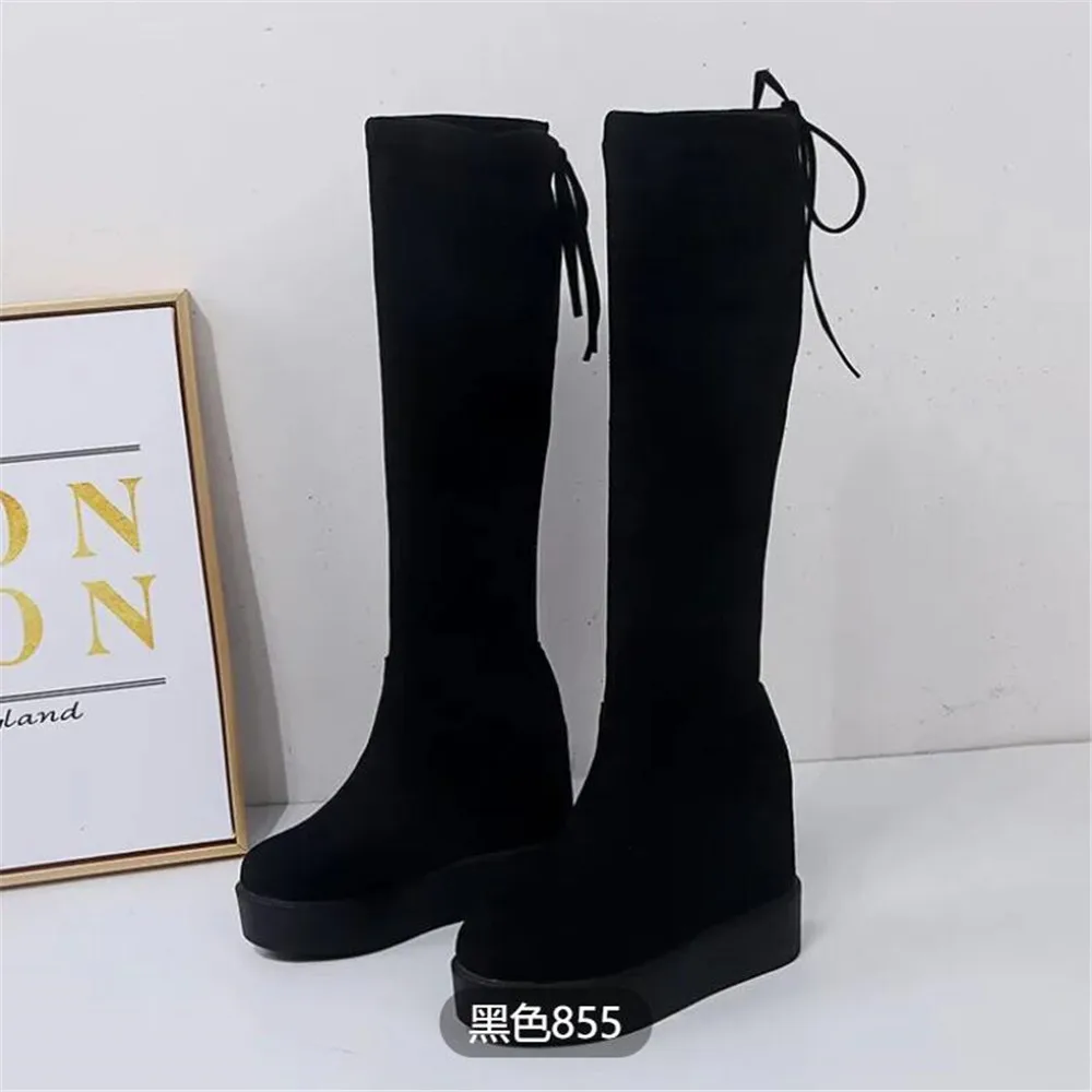 Autumn Winter Warm Wedges Knee High Boots Inner Increase Women\'s Round Toe Elastic Boots Long Tube Muffin Bottom Female Shoes