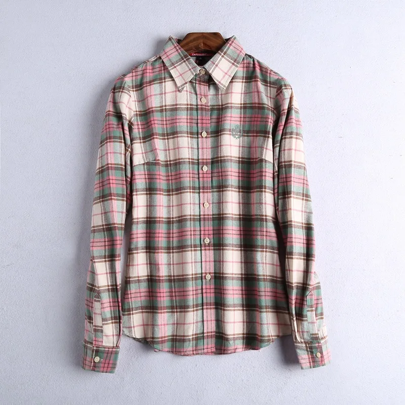 Women Autumn Sanding Fabric Flannel Plaid Shirt Blouses Casual Female Spring Warm Shirts Ladies Tops Sanded Plaid Cotton Fabric