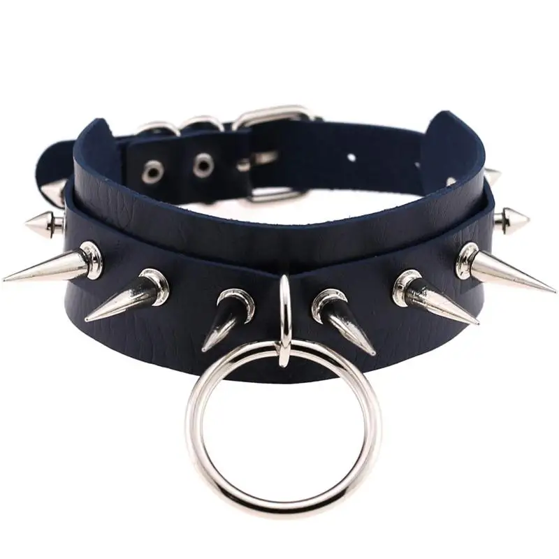 Sexy Gothic Necklace Silver Rivet Metal Big O-Round Punk Leather Choker Necklace Party Hip Hop Rock Spike Rivet Choker Jewelry