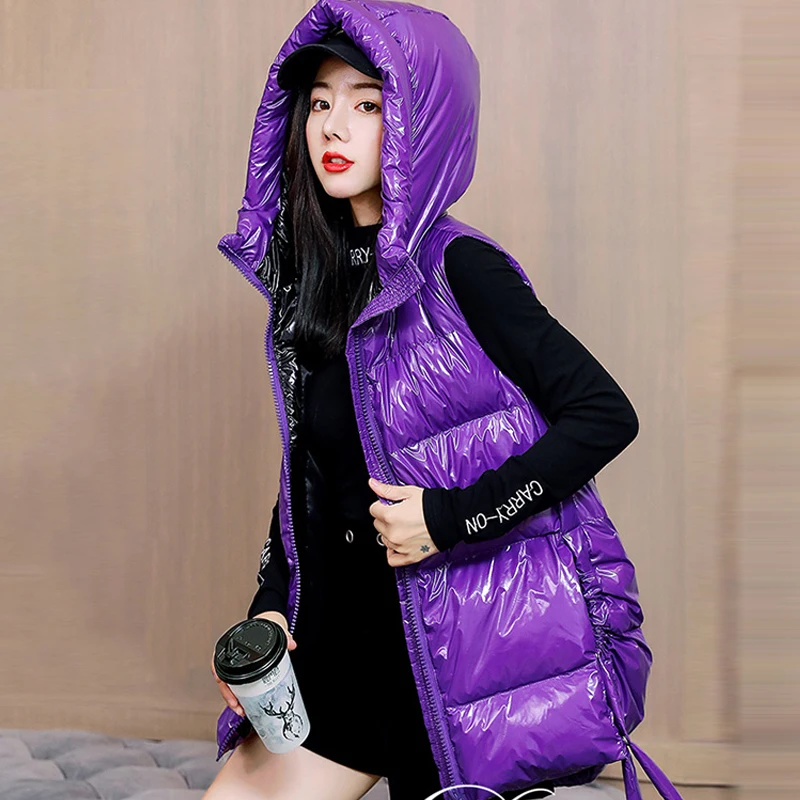 Women\'s Sleeveless Cotton Padded Parka Coat, Top Quality Winter Vest, Glossy Slim, Bright, Solid Zipper Hooded Waistcoat, Autumn